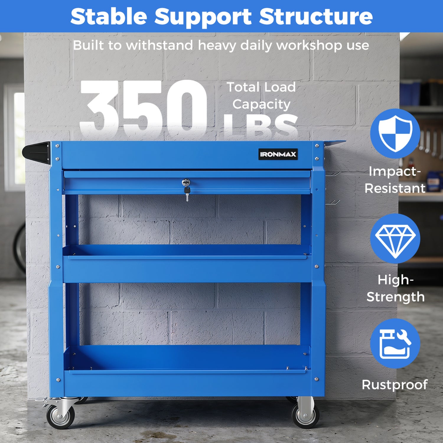 3-Tier Rolling Tool Cart With Lockable Drawer, Blue Garages at Gallery Canada