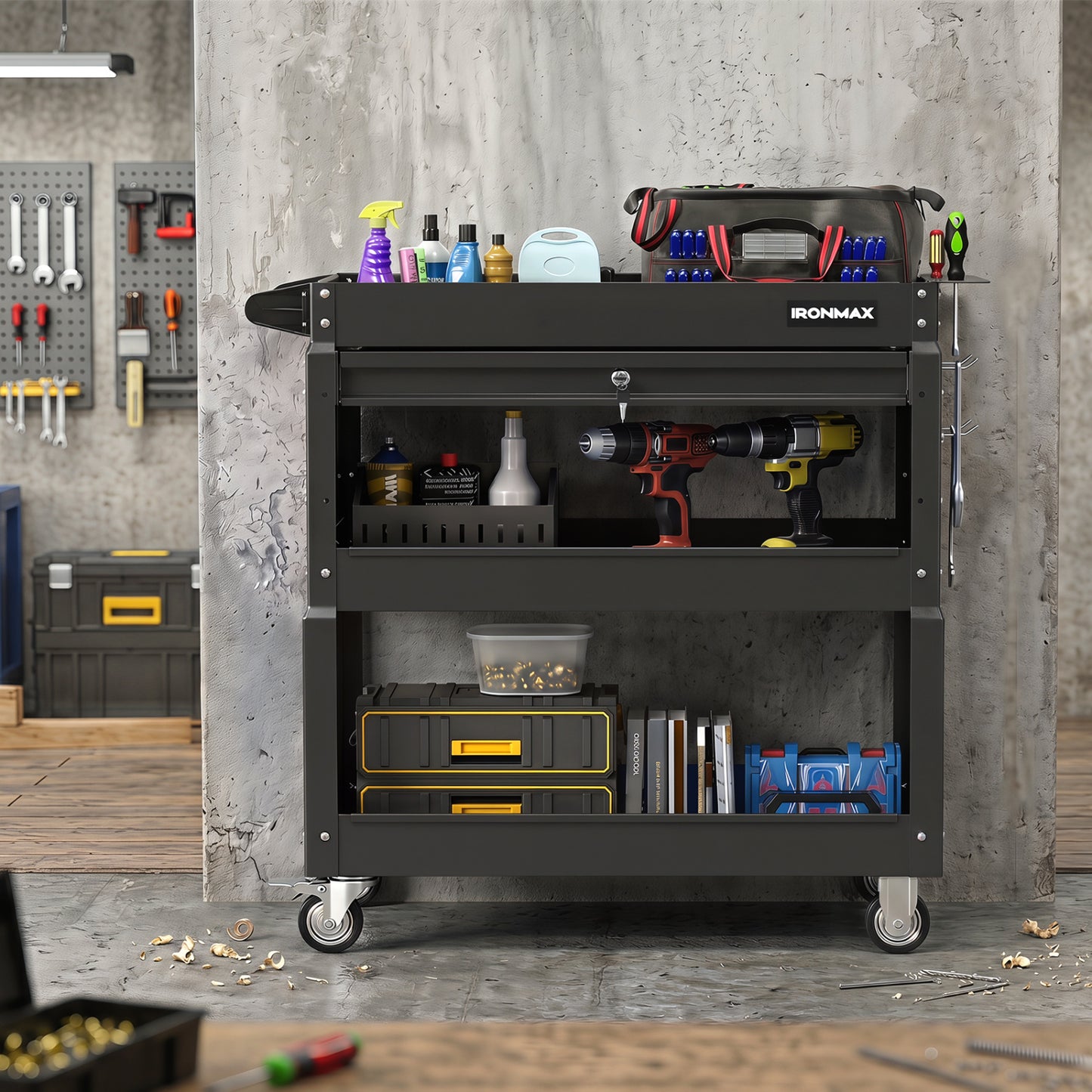 3-Tier Rolling Tool Cart With Lockable Drawer, Black Garages at Gallery Canada