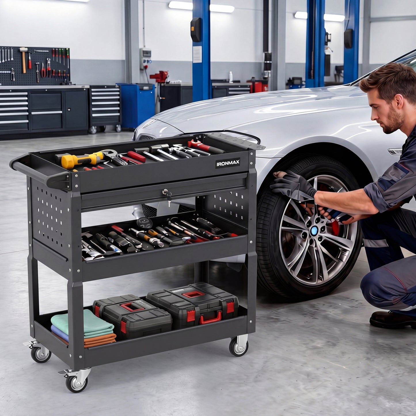 3-Tier Rolling Tool Cart With Lockable Drawer, Black Garages at Gallery Canada