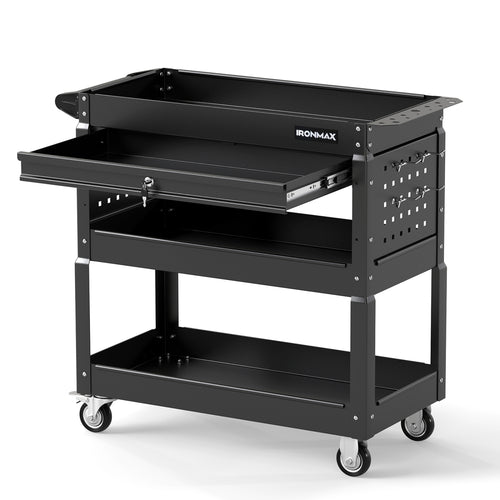 3-Tier Rolling Tool Cart With Lockable Drawer, Black