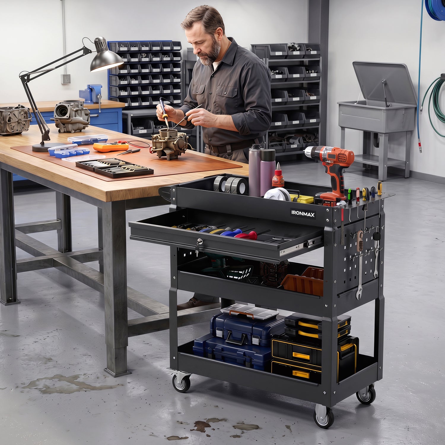 3-Tier Rolling Tool Cart With Lockable Drawer, Black Garages at Gallery Canada
