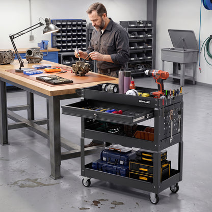 3-Tier Rolling Tool Cart With Lockable Drawer, Black Garages at Gallery Canada