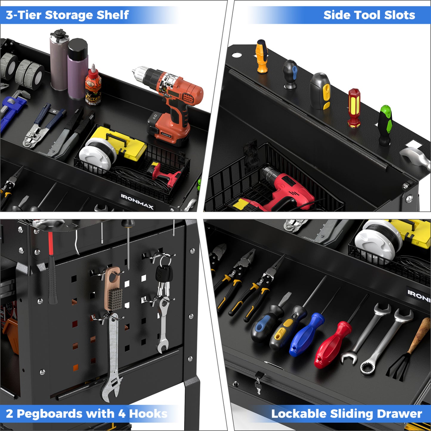 3-Tier Rolling Tool Cart With Lockable Drawer, Black Garages at Gallery Canada