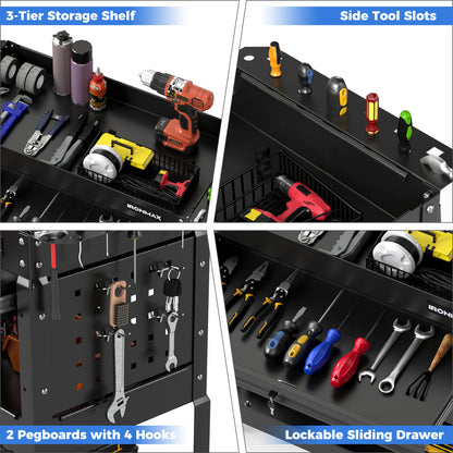 3-Tier Rolling Tool Cart With Lockable Drawer, Black Garages at Gallery Canada