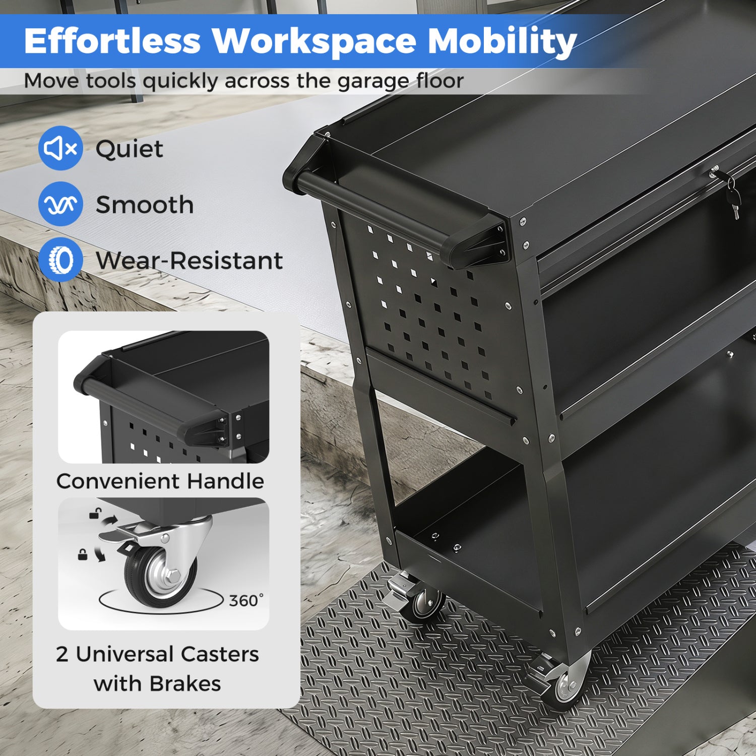 3-Tier Rolling Tool Cart With Lockable Drawer, Black Garages at Gallery Canada