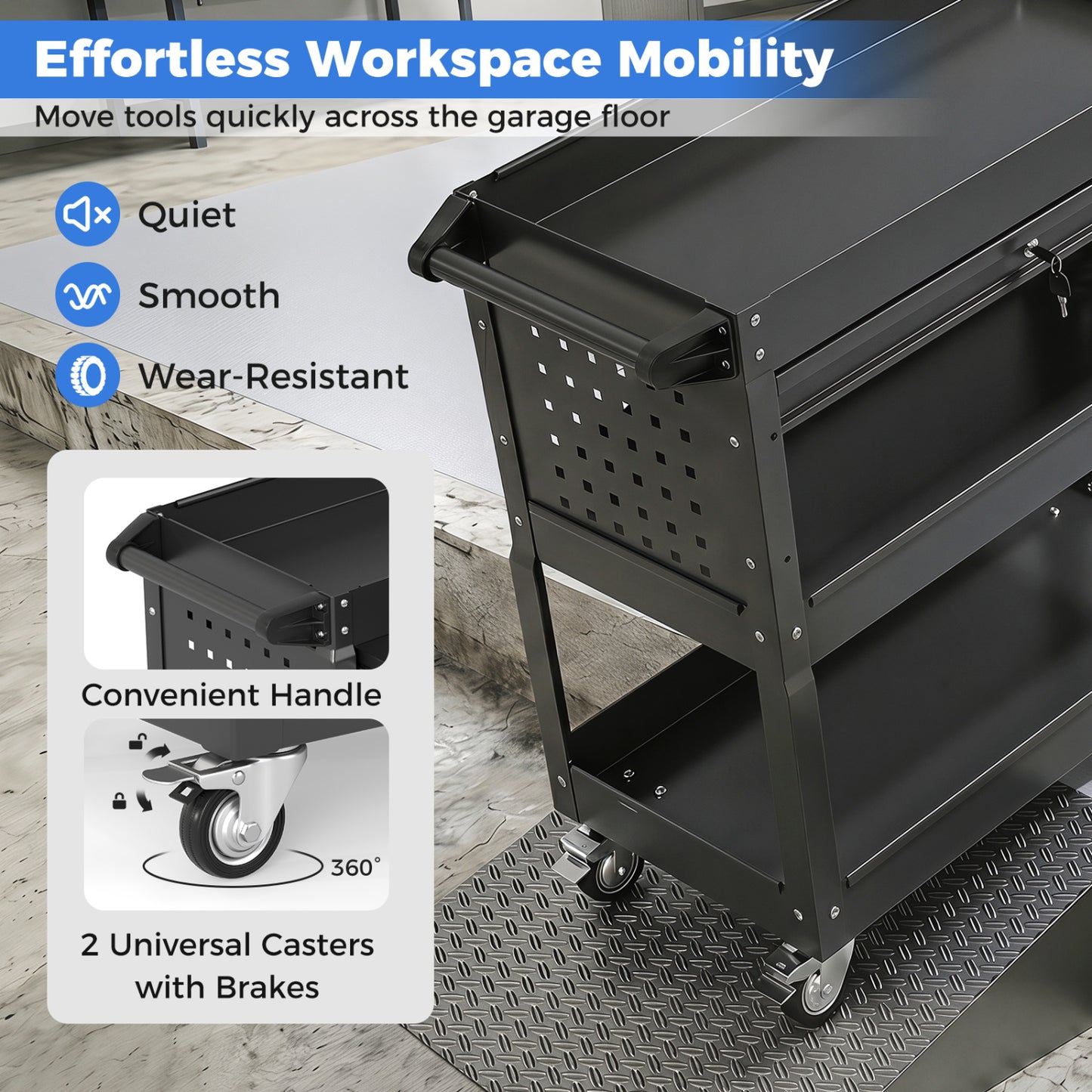 3-Tier Rolling Tool Cart With Lockable Drawer, Black Garages at Gallery Canada