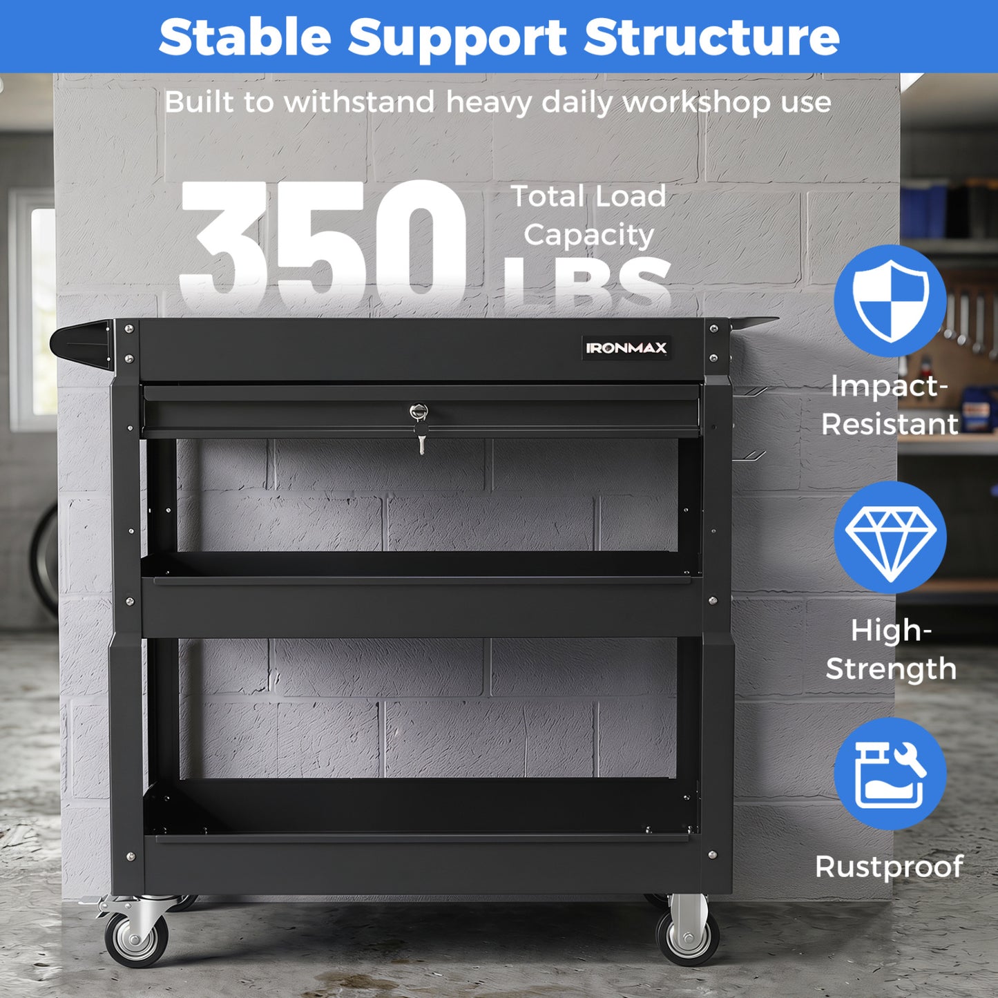 3-Tier Rolling Tool Cart With Lockable Drawer, Black Garages at Gallery Canada