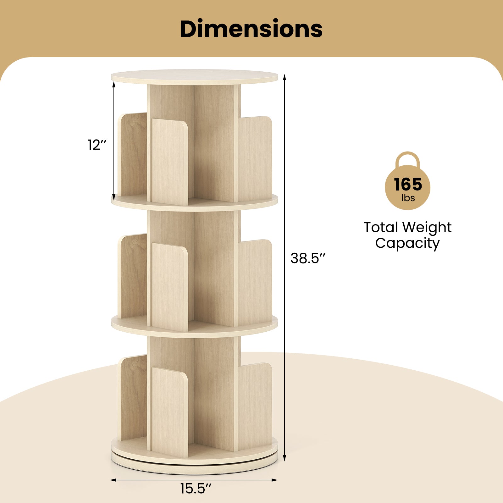3-Tier Rotating Bookshelf with Dividers and Anti-falling Baffles, Natural Bookcases at Gallery Canada