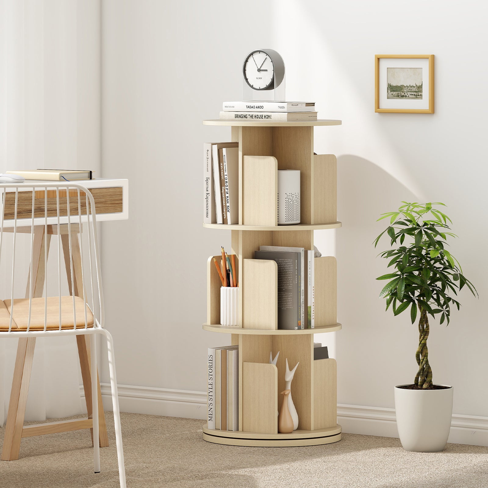 3-Tier Rotating Bookshelf with Dividers and Anti-falling Baffles, Natural Bookcases at Gallery Canada
