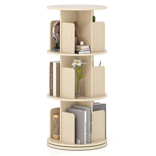 3-Tier Rotating Bookshelf With Dividers, Anti-Falling Baffles, Natural
