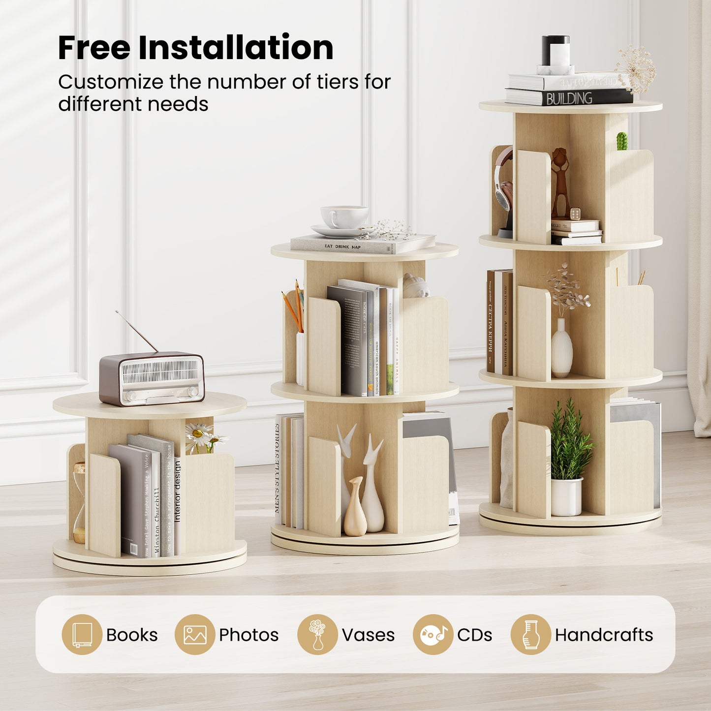 3-Tier Rotating Bookshelf with Dividers and Anti-falling Baffles, Natural Bookcases at Gallery Canada