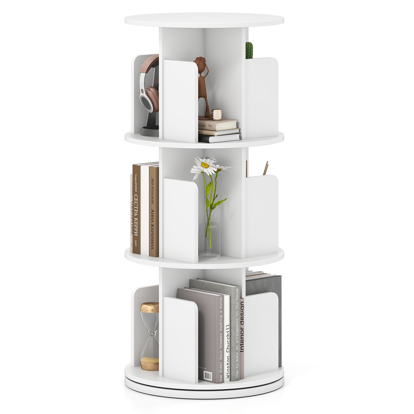 3-Tier Rotating Bookshelf with Dividers and Anti-falling Baffles, White Bookcases at Gallery Canada