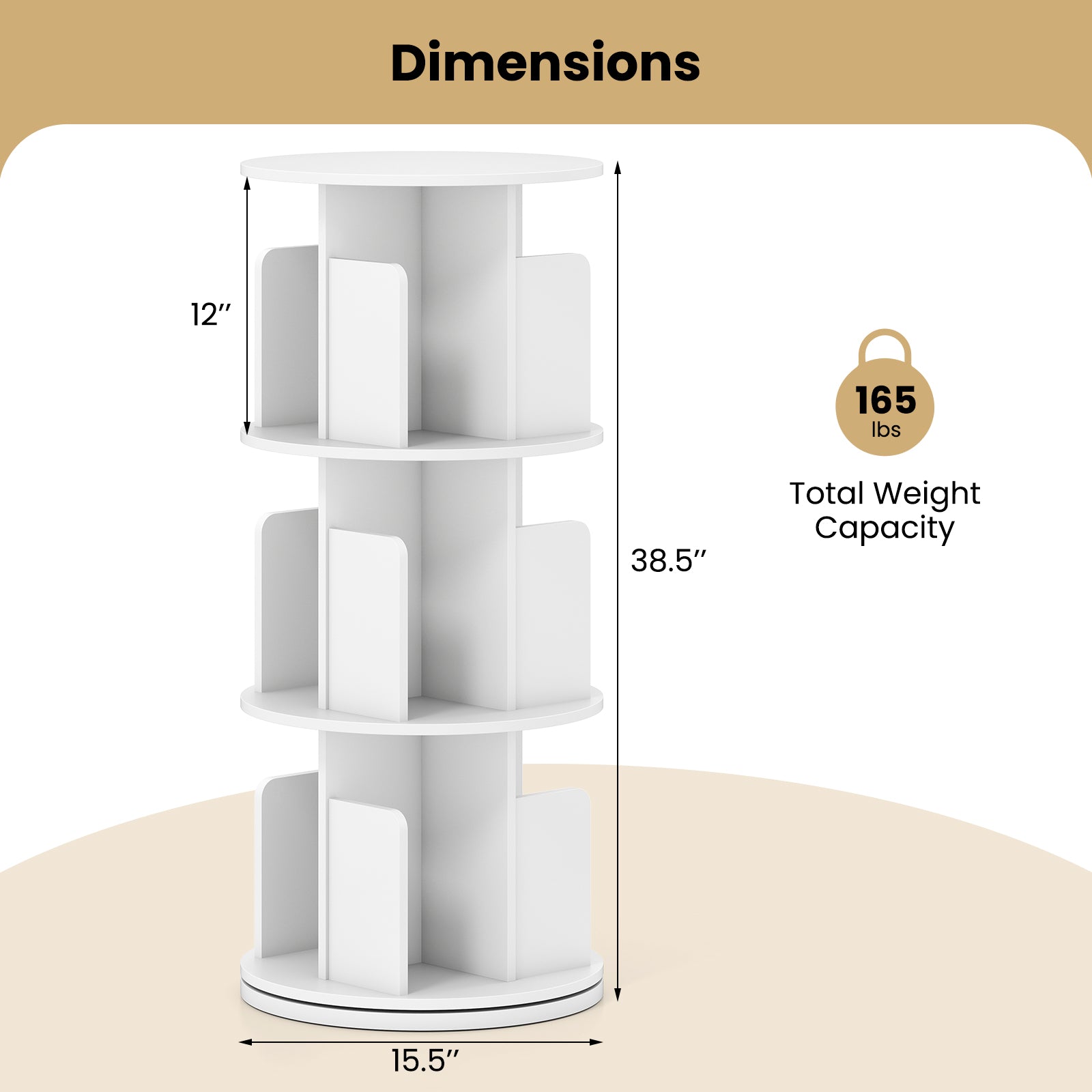 3-Tier Rotating Bookshelf with Dividers and Anti-falling Baffles, White Bookcases at Gallery Canada