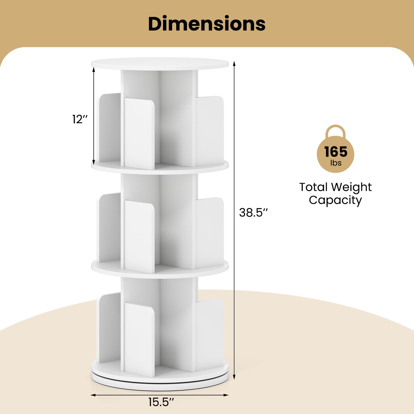 3-Tier Rotating Bookshelf with Dividers and Anti-falling Baffles, White Bookcases at Gallery Canada