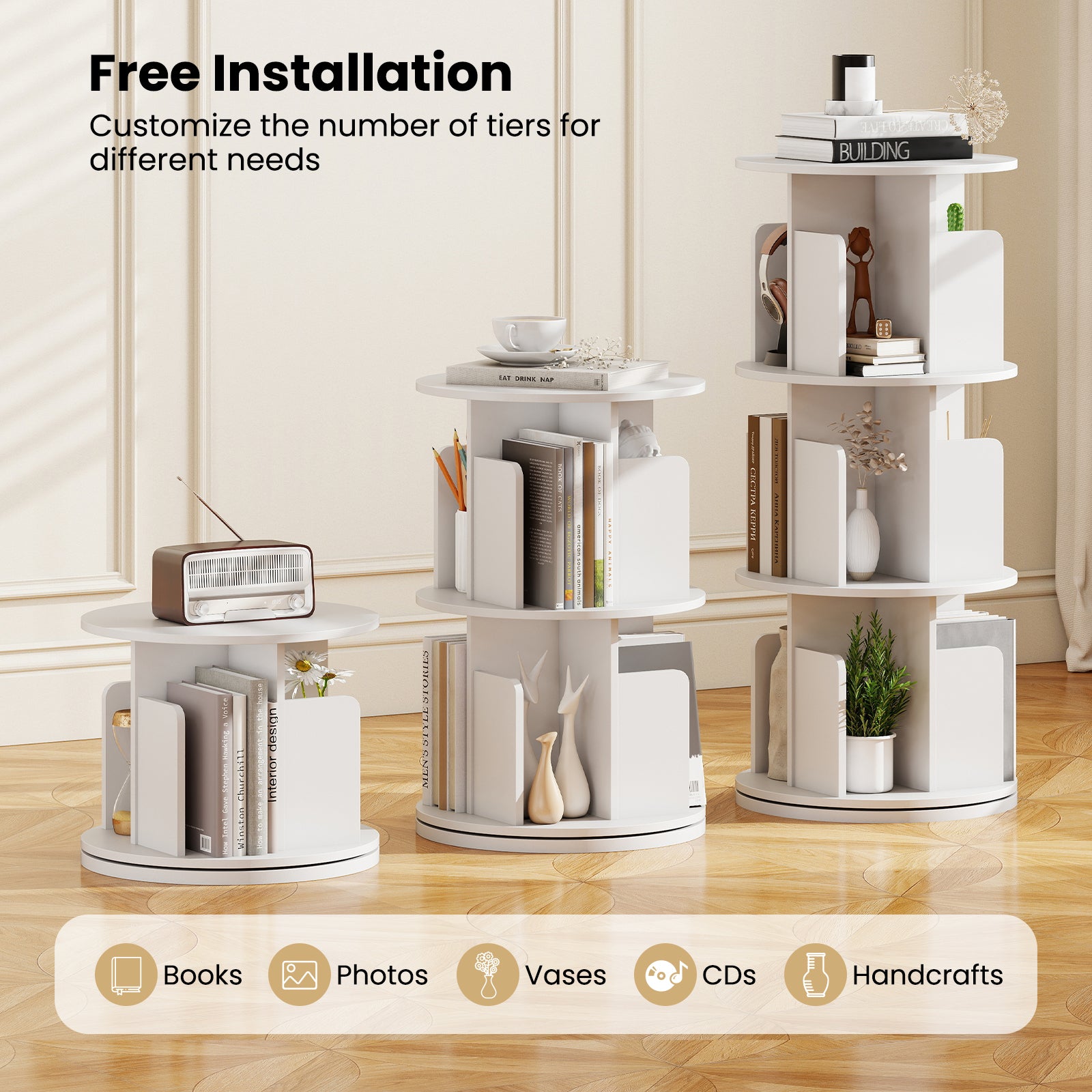 3-Tier Rotating Bookshelf with Dividers and Anti-falling Baffles, White Bookcases at Gallery Canada