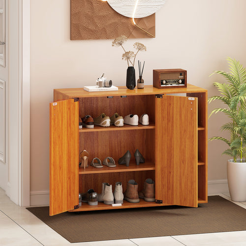 3-Tier Shoe Cabinet with Doors with Adjustable Open Shelves for Entryway, Natural