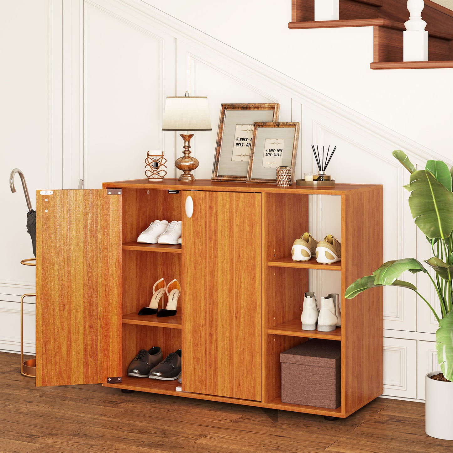 3-Tier Shoe Cabinet with Doors with Adjustable Open Shelves for Entryway, Natural Shoe Racks & Storage Benches at Gallery Canada