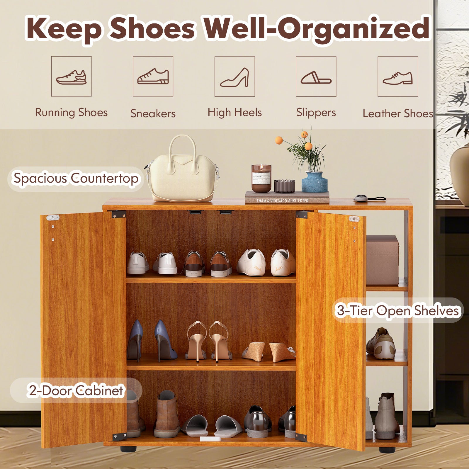 3-Tier Shoe Cabinet with Doors with Adjustable Open Shelves for Entryway, Natural Shoe Racks & Storage Benches at Gallery Canada
