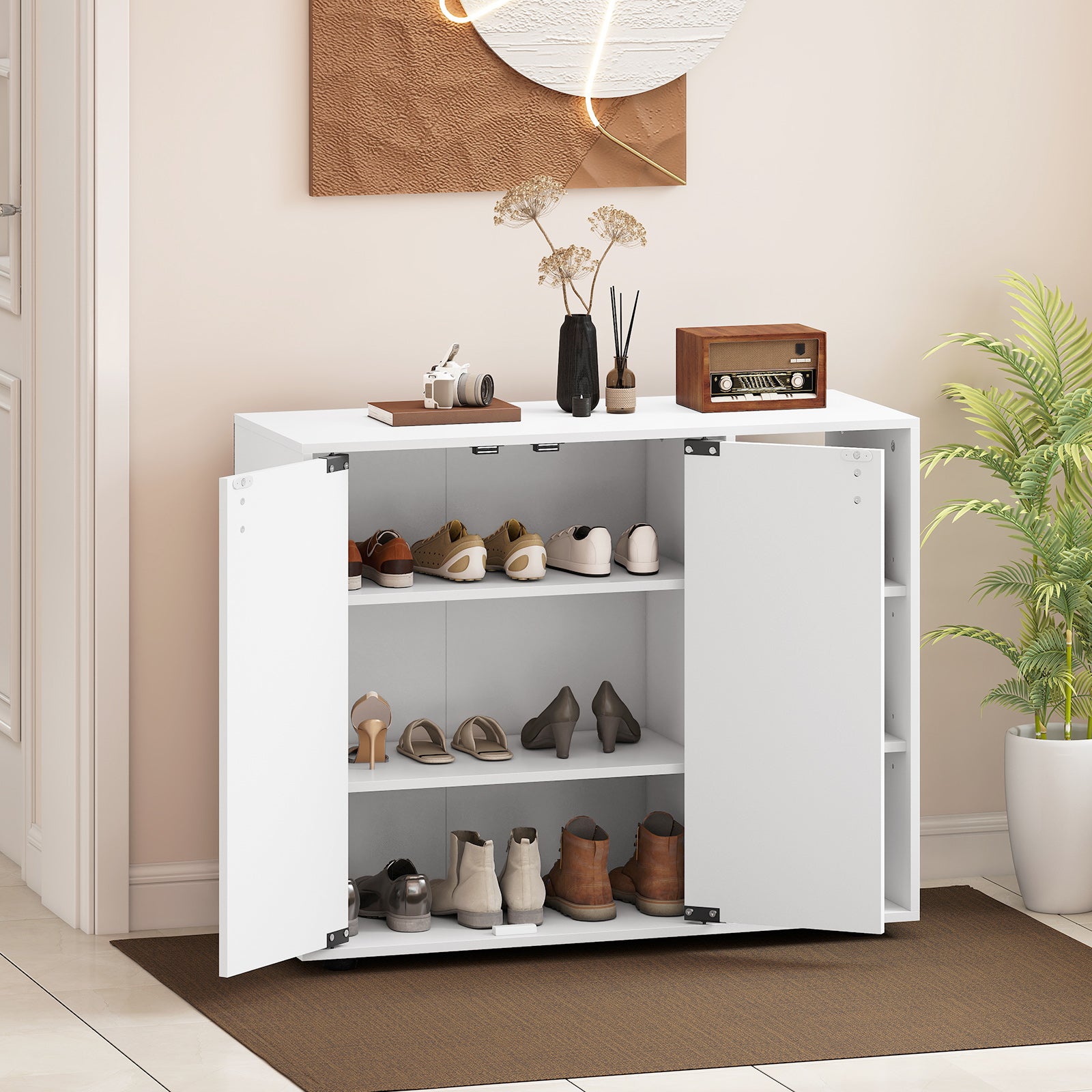 3-Tier Shoe Cabinet with Doors with Adjustable Open Shelves for Entryway, White Shoe Racks & Storage Benches at Gallery Canada