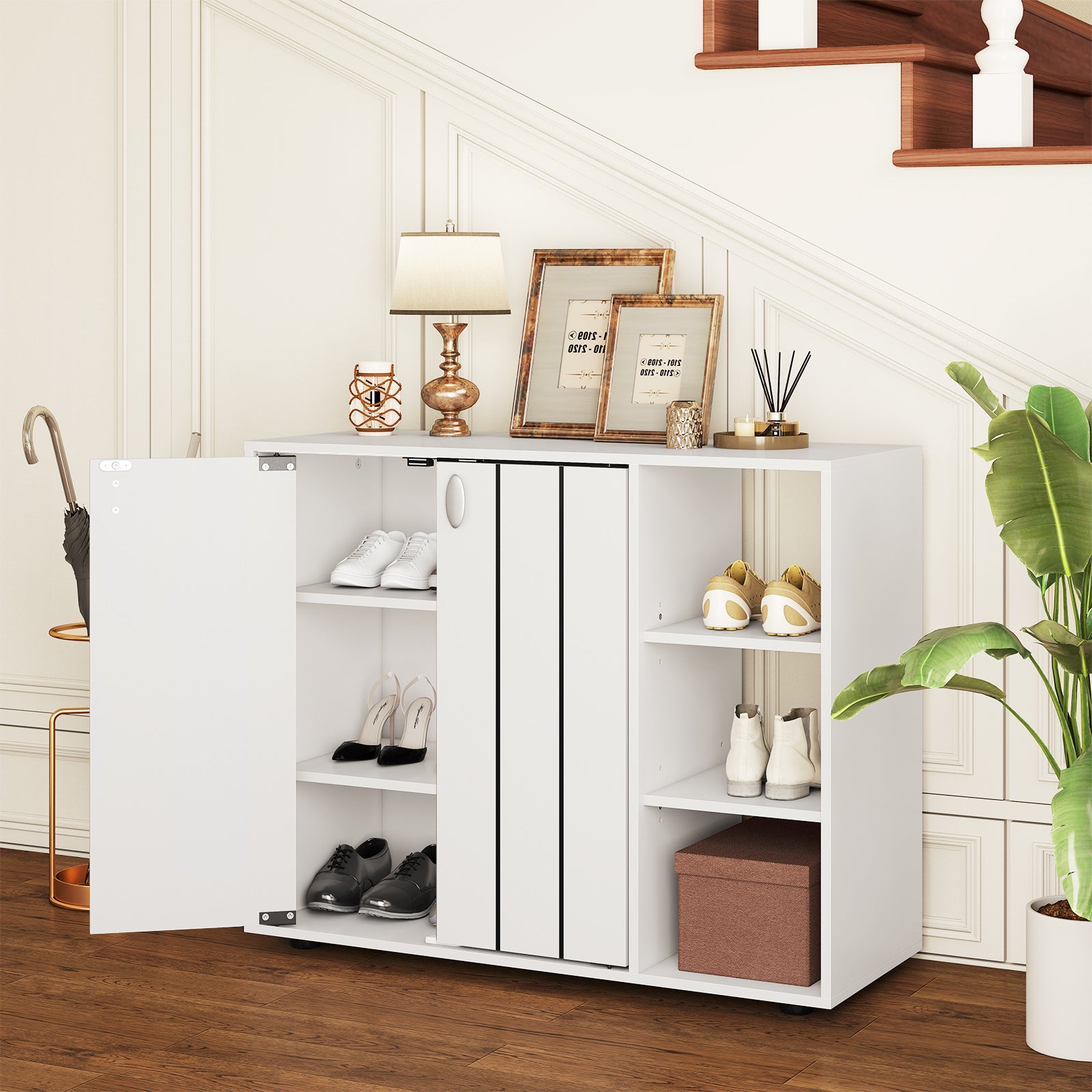 3-Tier Shoe Cabinet with Doors with Adjustable Open Shelves for Entryway, White Shoe Racks & Storage Benches at Gallery Canada