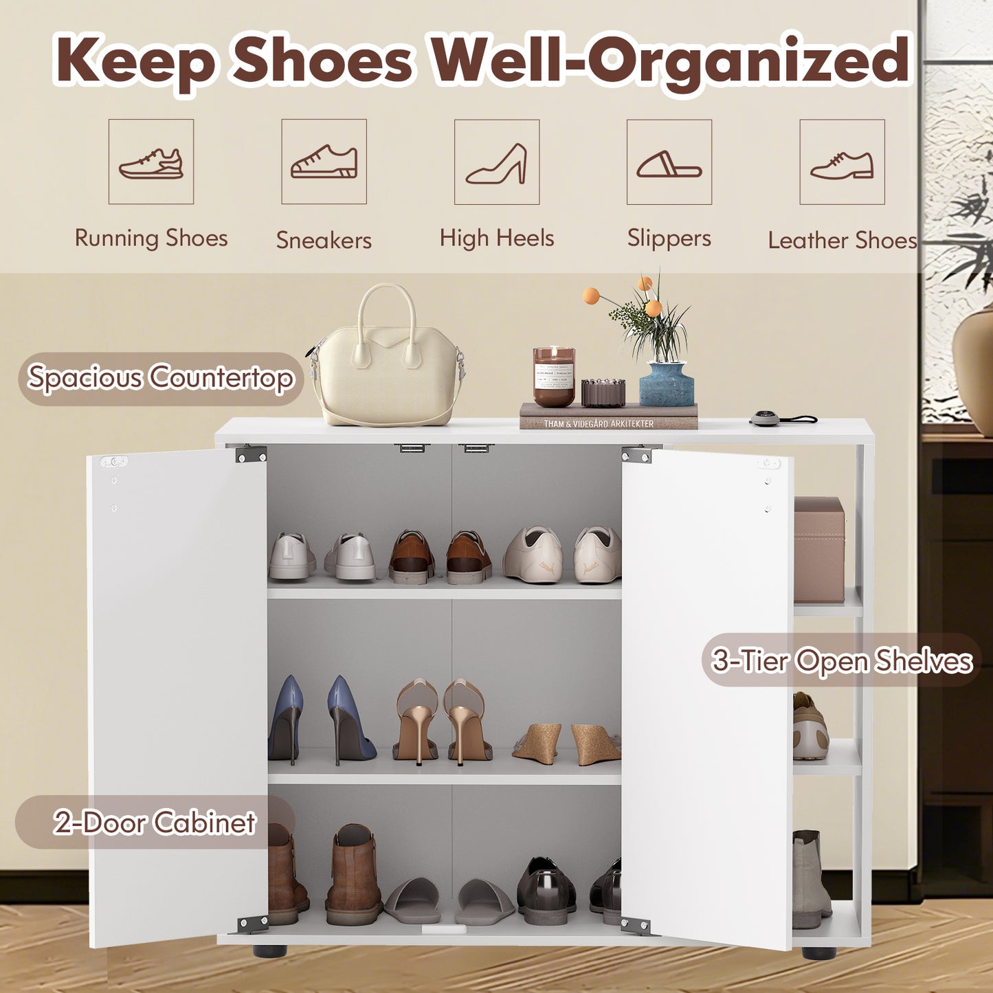3-Tier Shoe Cabinet with Doors with Adjustable Open Shelves for Entryway, White Shoe Racks & Storage Benches at Gallery Canada