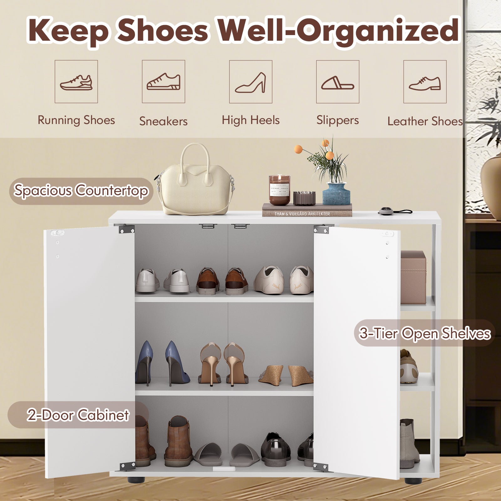 3-Tier Shoe Cabinet with Doors with Adjustable Open Shelves for Entryway, White Shoe Racks & Storage Benches at Gallery Canada