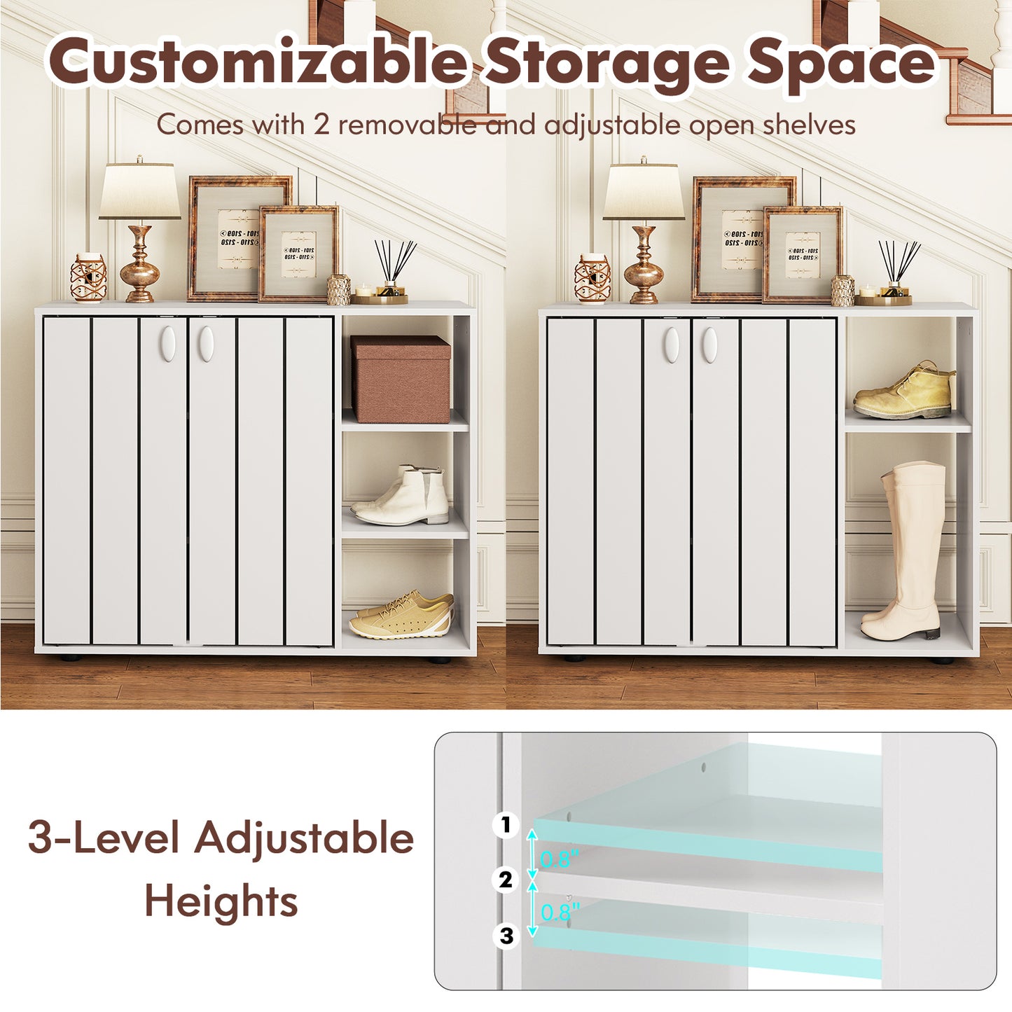 3-Tier Shoe Cabinet with Doors with Adjustable Open Shelves for Entryway, White Shoe Racks & Storage Benches at Gallery Canada