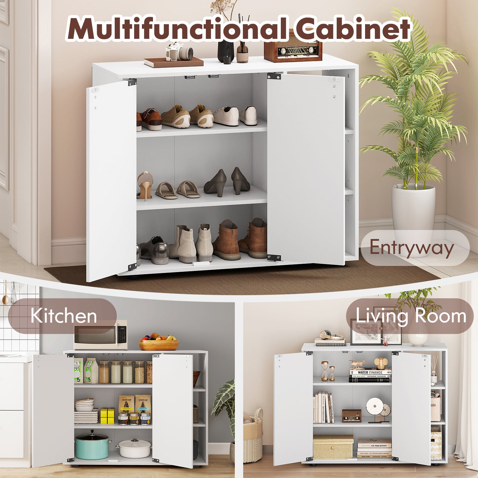 3-Tier Shoe Cabinet with Doors with Adjustable Open Shelves for Entryway, White Shoe Racks & Storage Benches at Gallery Canada