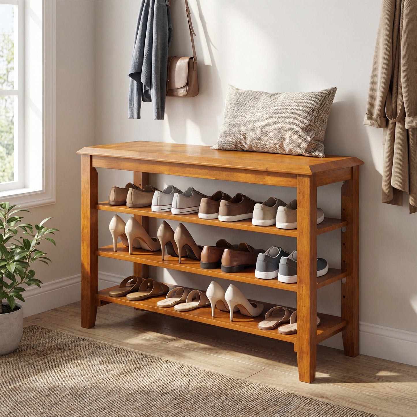 3-Tier Shoe Rack Bench, Adjustable Shelves, Entryway Living Room, Brown Shoe Racks & Storage Benches at Gallery Canada