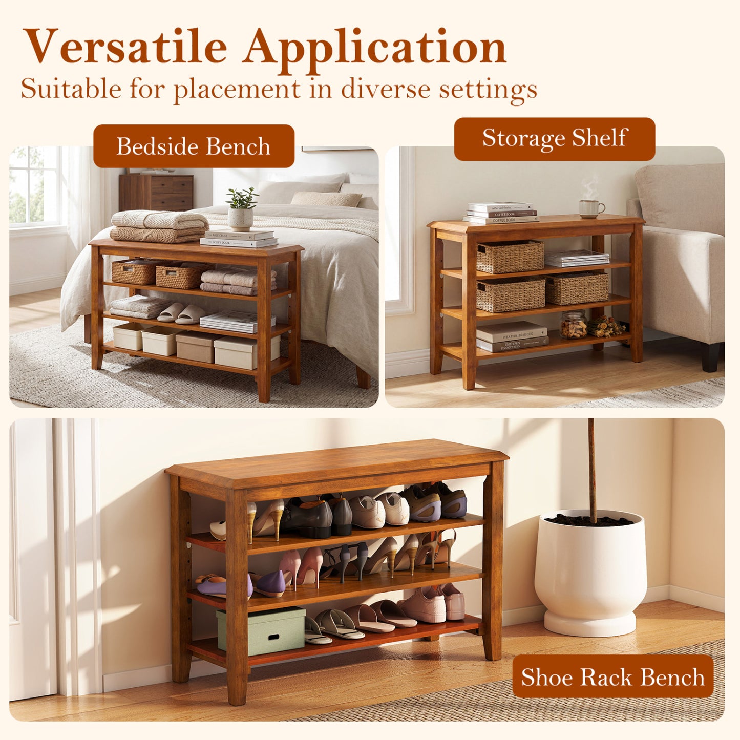 3-Tier Shoe Rack Bench, Adjustable Shelves, Entryway Living Room, Brown Shoe Racks & Storage Benches at Gallery Canada