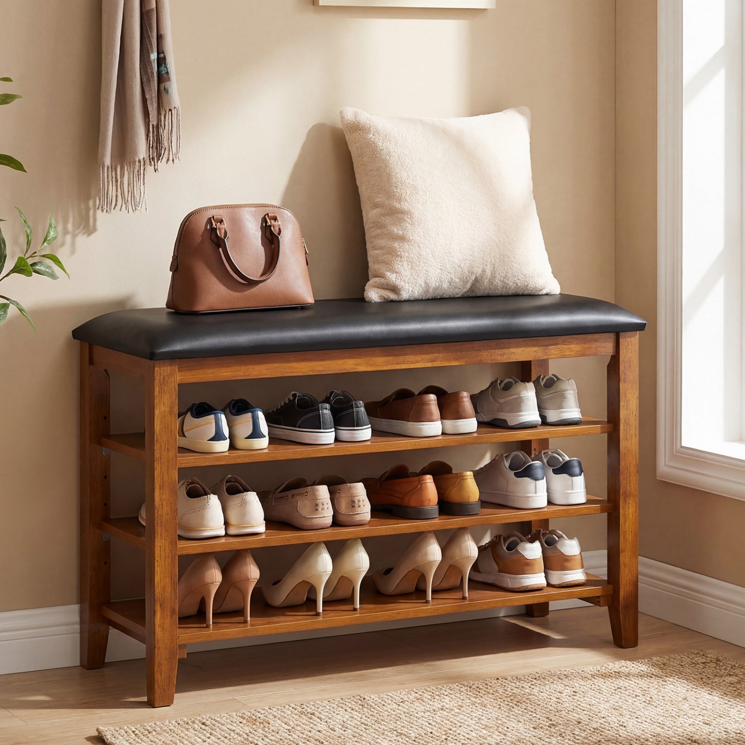 3-Tier Shoe Rack Bench, Adjustable Shelves, Soft Cushion, Brown Shoe Racks & Storage Benches at Gallery Canada