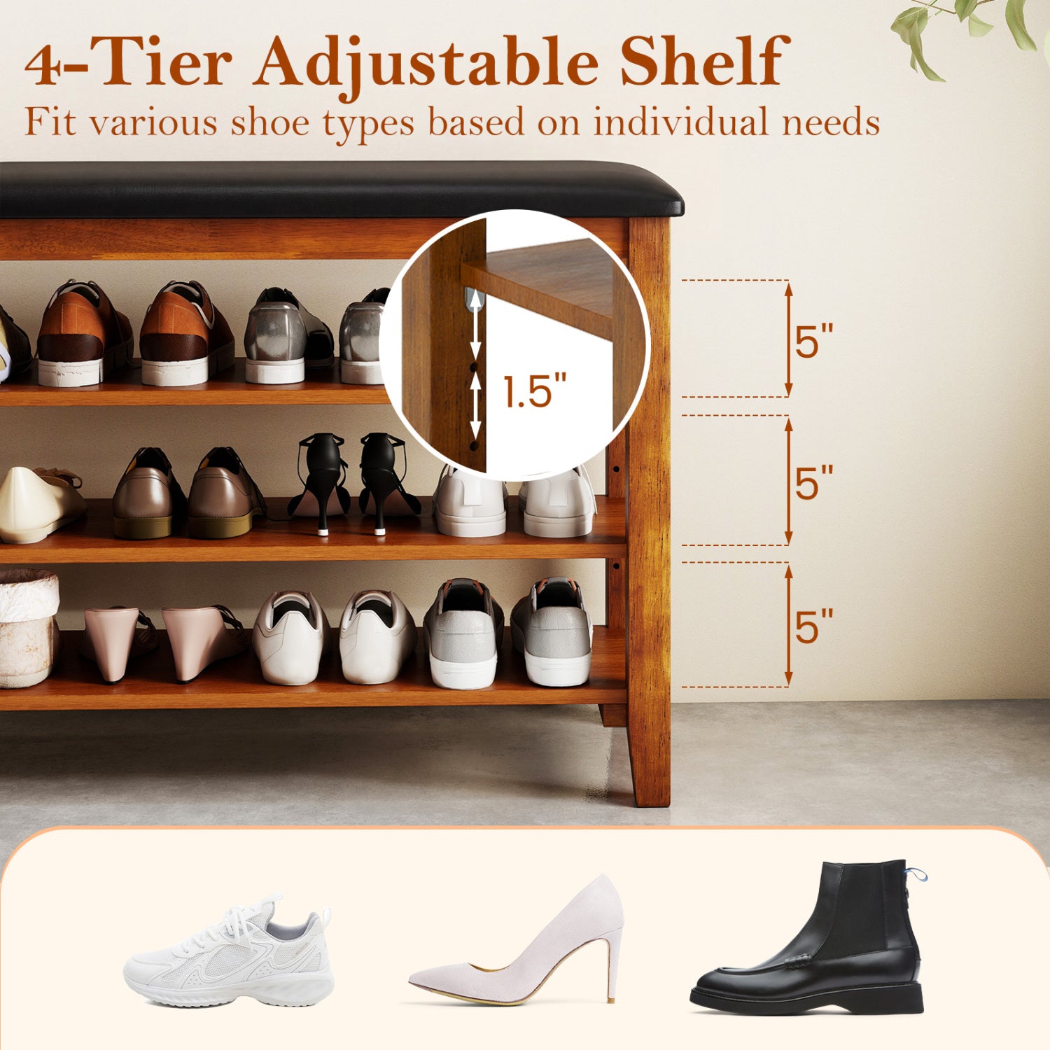 3-Tier Shoe Rack Bench, Adjustable Shelves, Soft Cushion, Brown Shoe Racks & Storage Benches at Gallery Canada