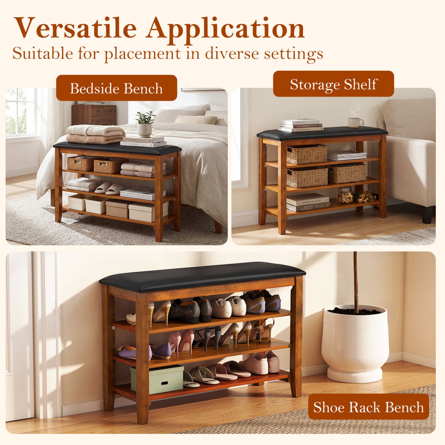 3-Tier Shoe Rack Bench, Adjustable Shelves, Soft Cushion, Brown Shoe Racks & Storage Benches at Gallery Canada