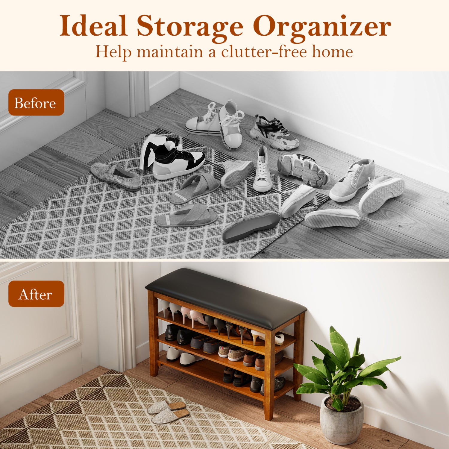 3-Tier Shoe Rack Bench, Adjustable Shelves, Soft Cushion, Brown Shoe Racks & Storage Benches at Gallery Canada