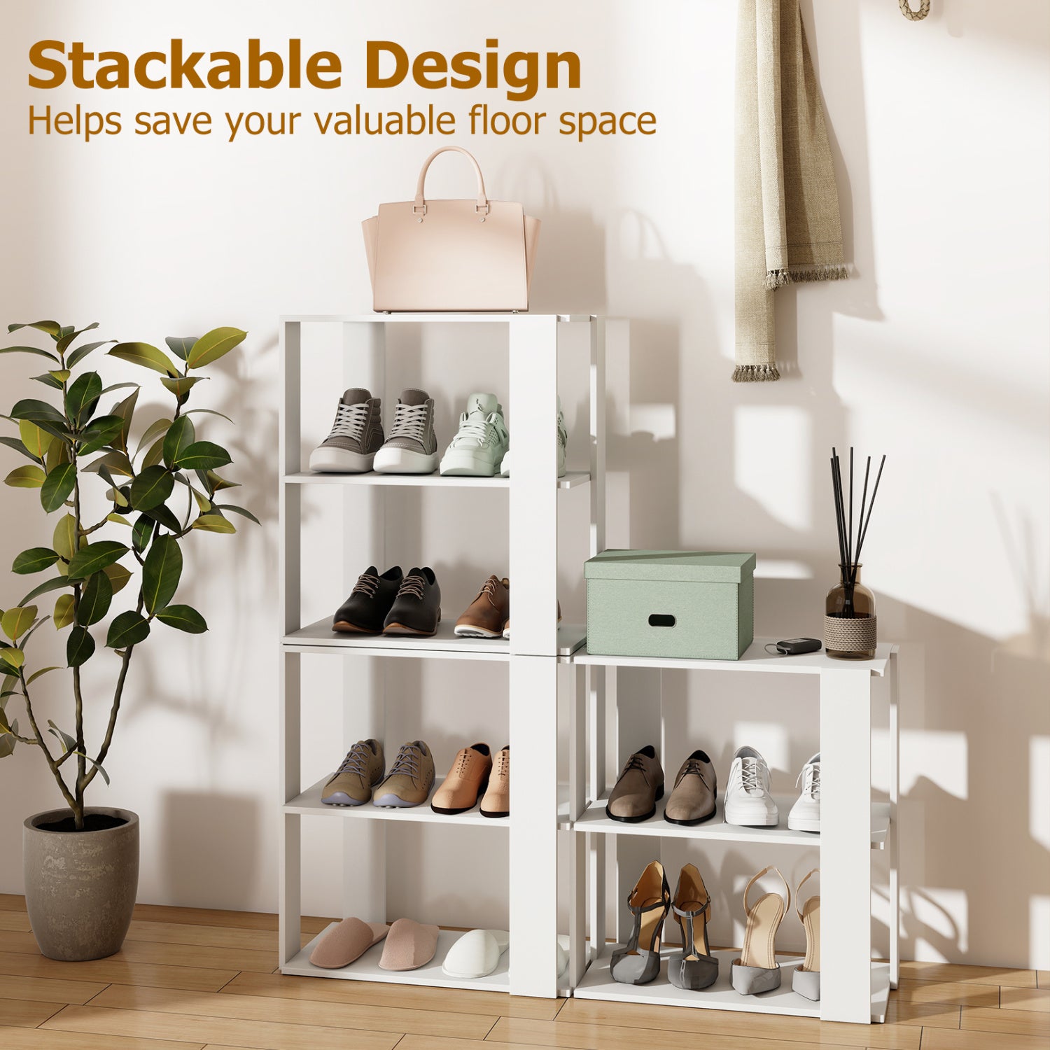 3-Tier Shoe Rack Set of 2 with Stackable Design and Anti-Tipping Device for Closet, White Shoe Racks & Storage Benches at Gallery Canada