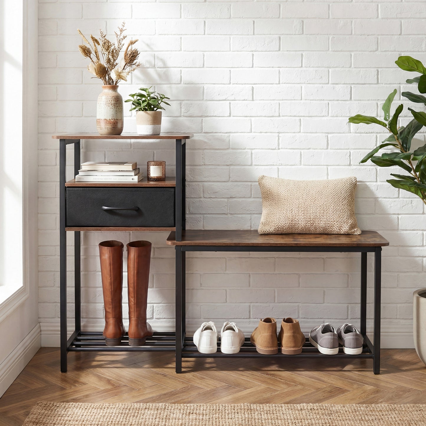 3-Tier Shoe Storage Rack Bench with Drawer and Metal Frame, Rustic Brown