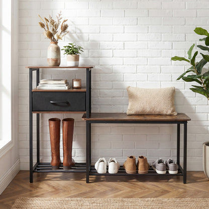 3-Tier Shoe Storage Rack Bench with Drawer and Metal Frame, Rustic Brown