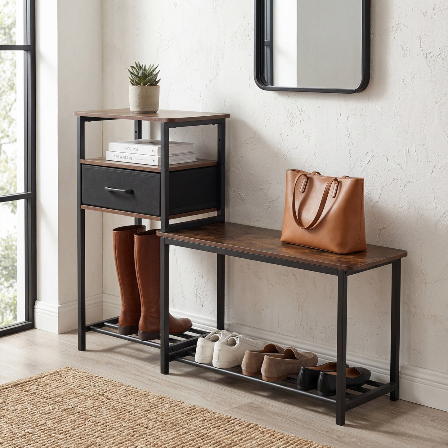 3-Tier Shoe Storage Rack Bench with Drawer and Metal Frame, Rustic Brown