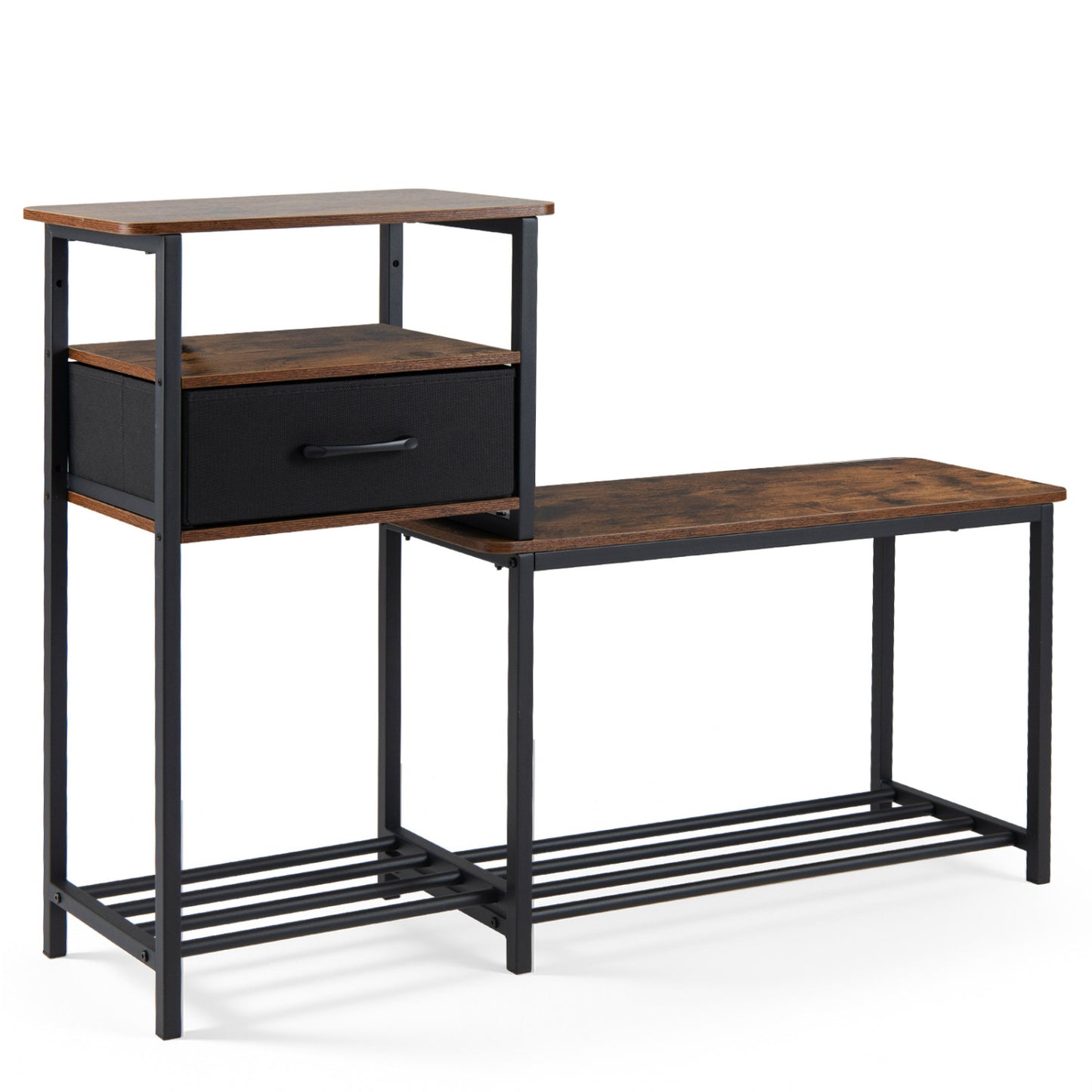 3-Tier Shoe Storage Rack Bench with Drawer and Metal Frame, Rustic Brown