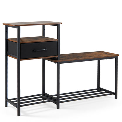 3-Tier Shoe Storage Rack Bench with Drawer and Metal Frame, Rustic Brown