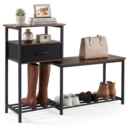 3-Tier Shoe Storage Rack Bench with Drawer and Metal Frame, Rustic Brown