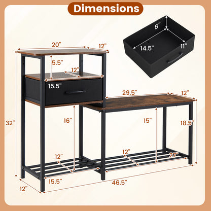 3-Tier Shoe Storage Rack Bench with Drawer and Metal Frame, Rustic Brown