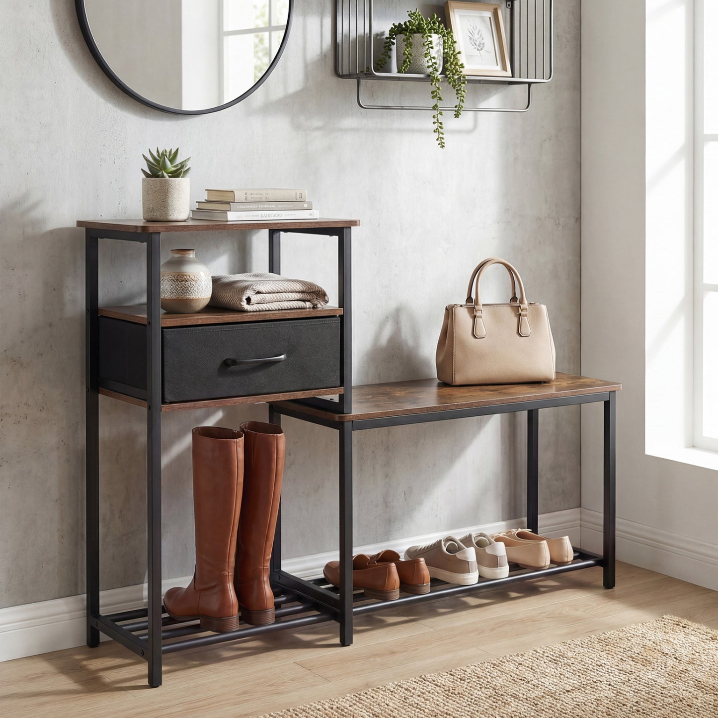 3-Tier Shoe Storage Rack Bench with Drawer and Metal Frame, Rustic Brown