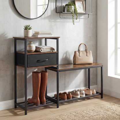 3-Tier Shoe Storage Rack Bench with Drawer and Metal Frame, Rustic Brown