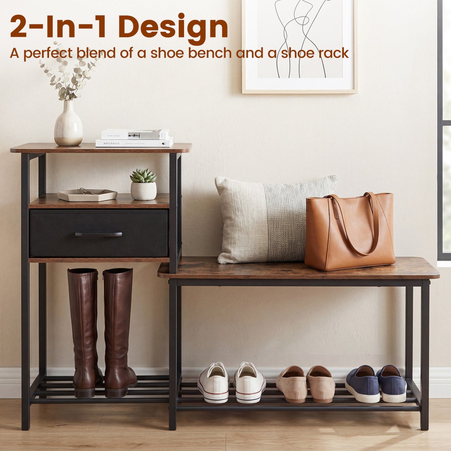 3-Tier Shoe Storage Rack Bench with Drawer and Metal Frame, Rustic Brown