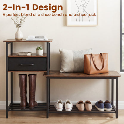 3-Tier Shoe Storage Rack Bench with Drawer and Metal Frame, Rustic Brown