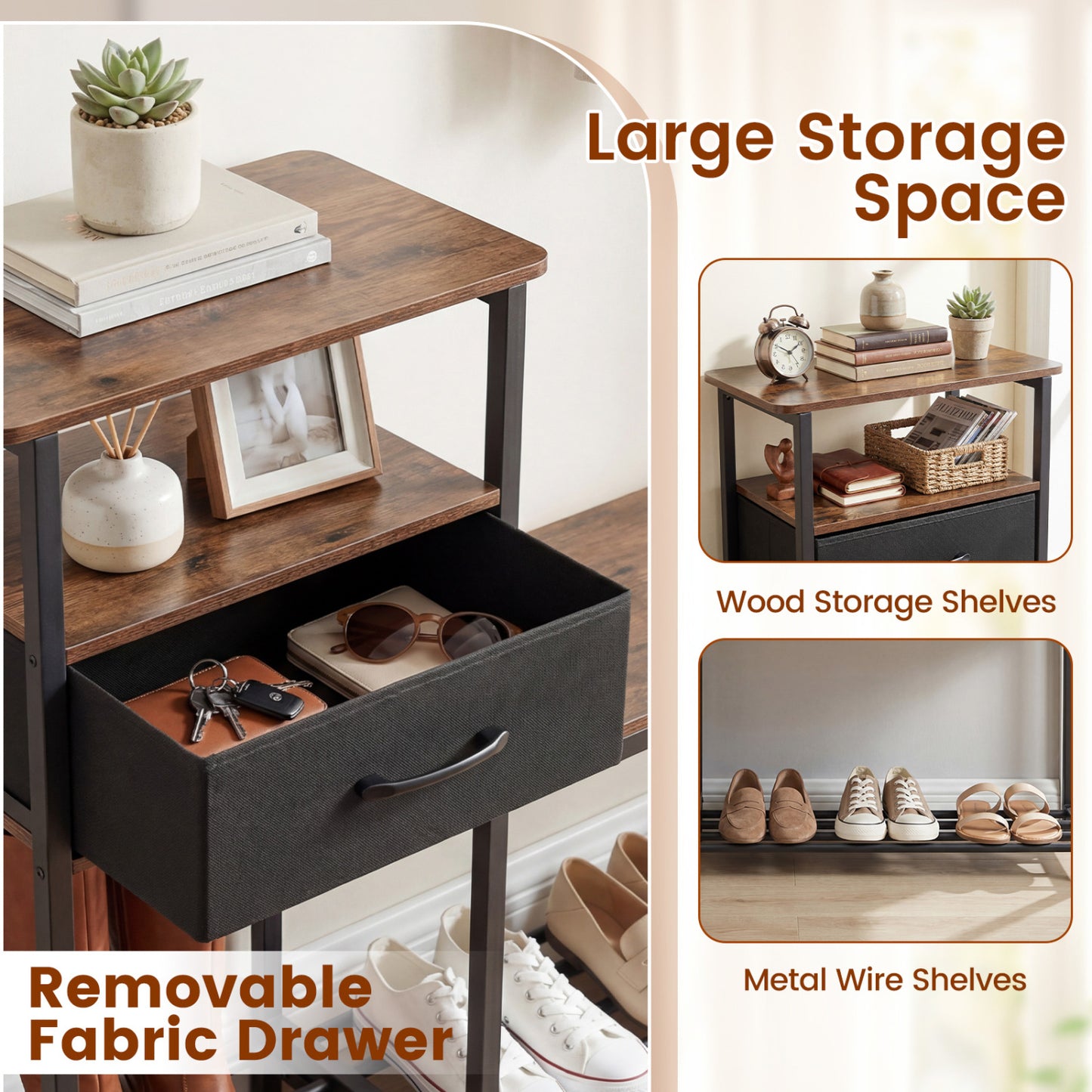 3-Tier Shoe Storage Rack Bench with Drawer and Metal Frame, Rustic Brown