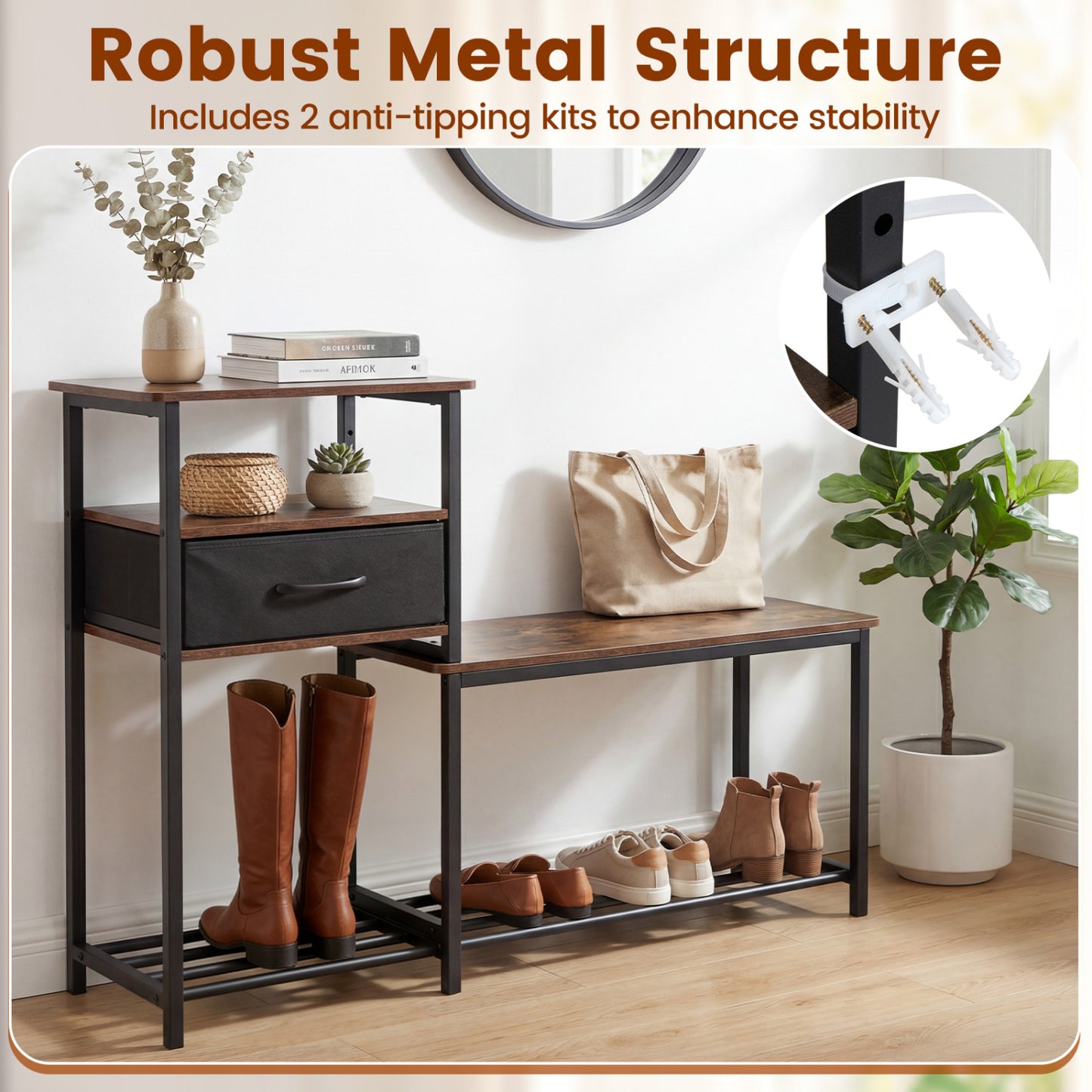 3-Tier Shoe Storage Rack Bench with Drawer and Metal Frame, Rustic Brown