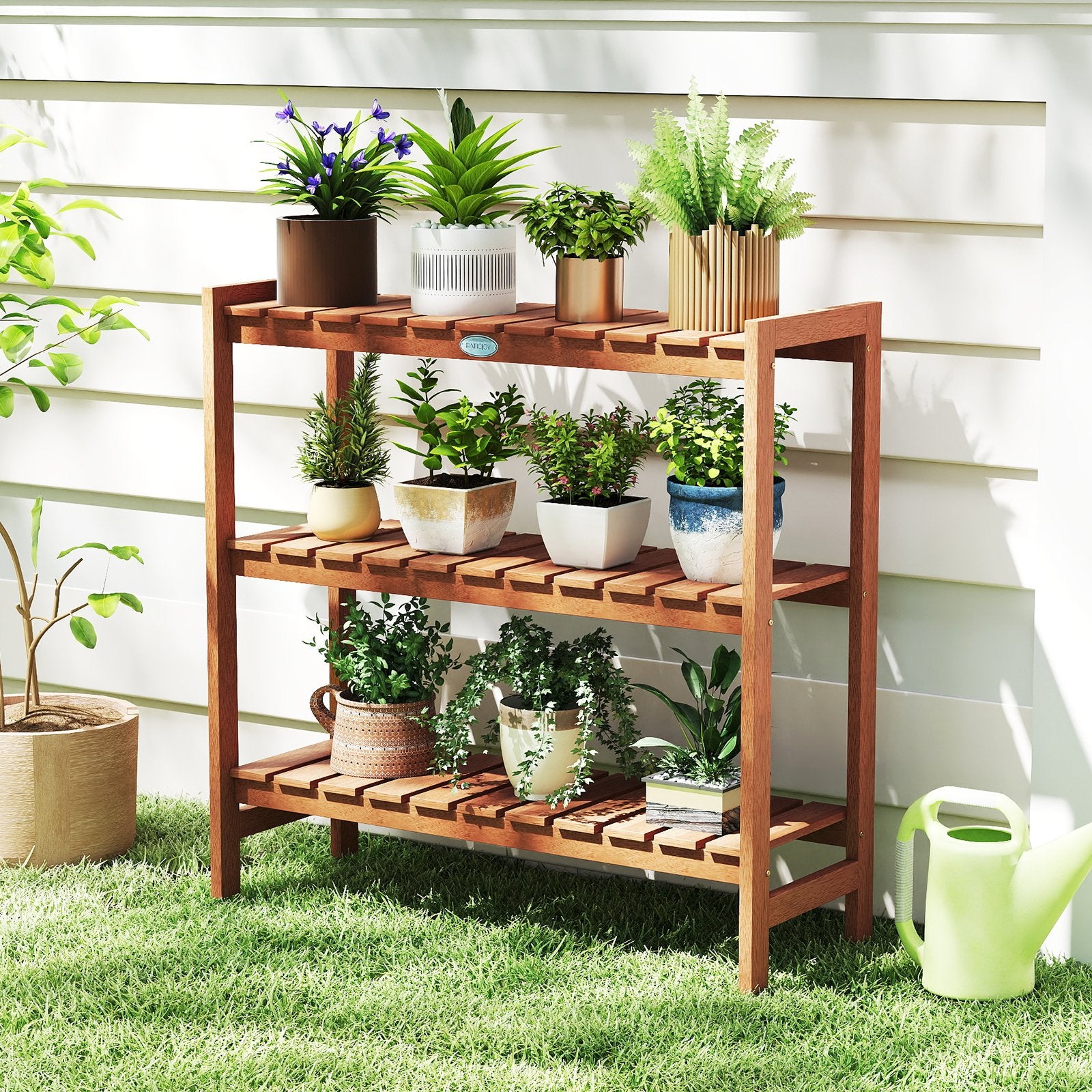 3-Tier Solid Wood Plant Stand with Slatted Shelves, Natural Plant Stands at Gallery Canada