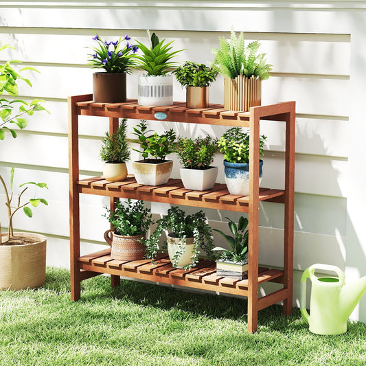 3-Tier Solid Wood Plant Stand with Slatted Shelves, Natural Plant Stands Natural at Gallery Canada